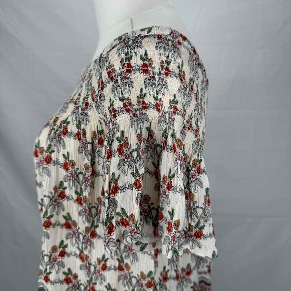 Aqua Floral Smocked Tunic Dress Off Shoulder Knee Length Small Bohemian Relaxed - Picture 6 of 12